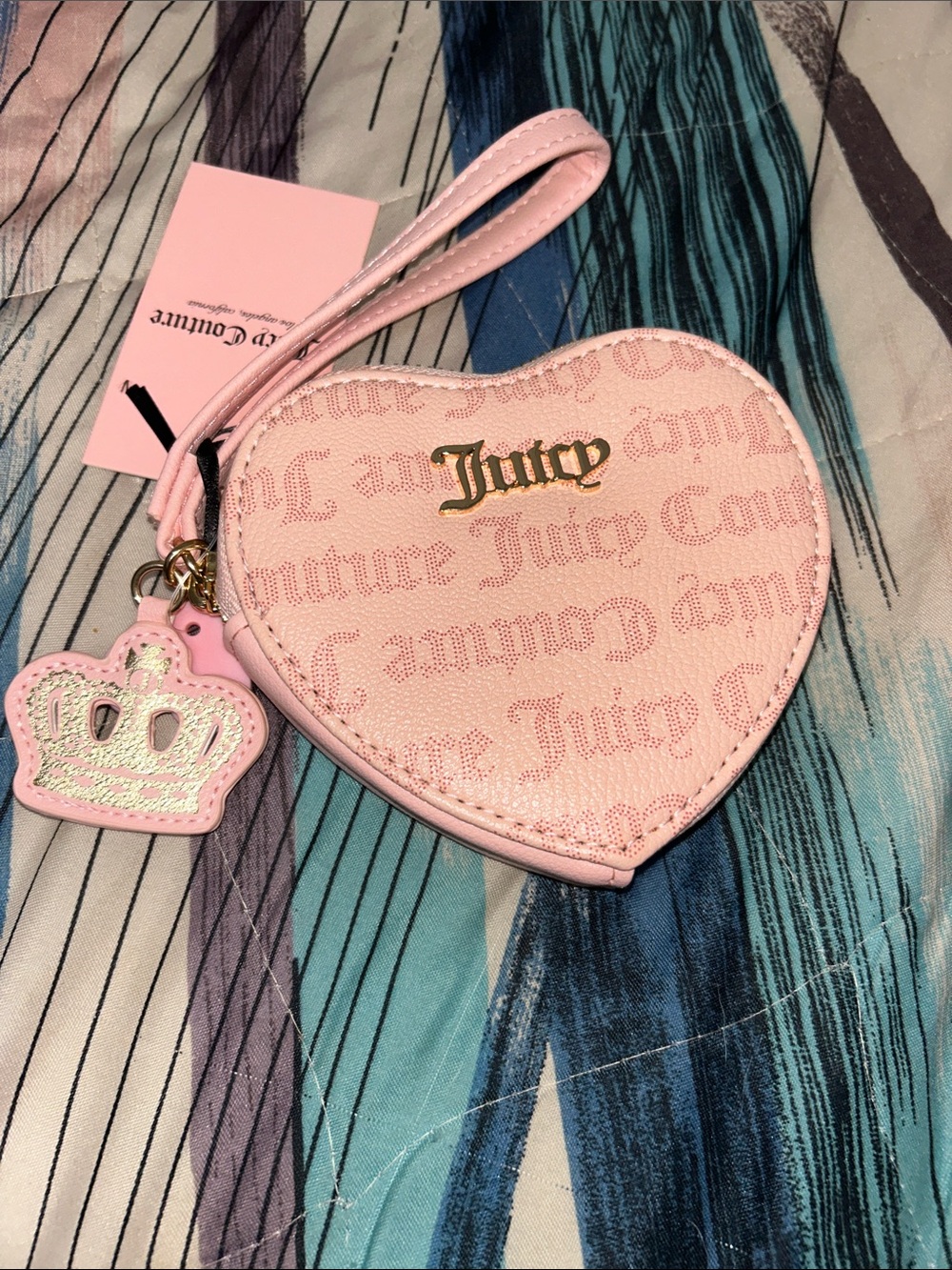 BNWT Juicy Couture Light Pink Heart Wristlet Coin Pouch with Crown Charm